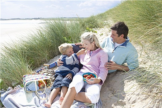 年轻家庭,野餐,海滩