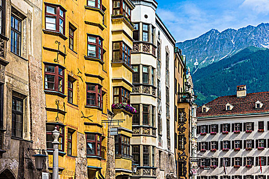 排,传统,建筑,奥地利,阿尔卑斯山,背景,因斯布鲁克