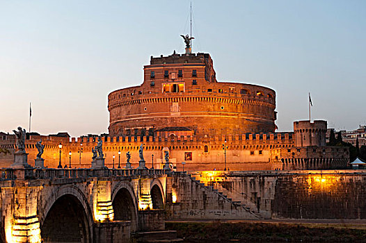 桥,城堡,晚上,灯,罗马,拉齐奥,意大利,南欧,欧洲
