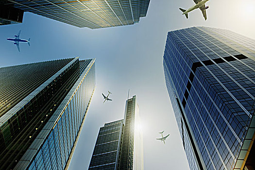 飞机,飞跃,高层建筑,建筑,旅行,概念