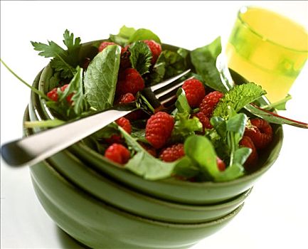 药草沙拉,新鲜,树莓,绿色,碗