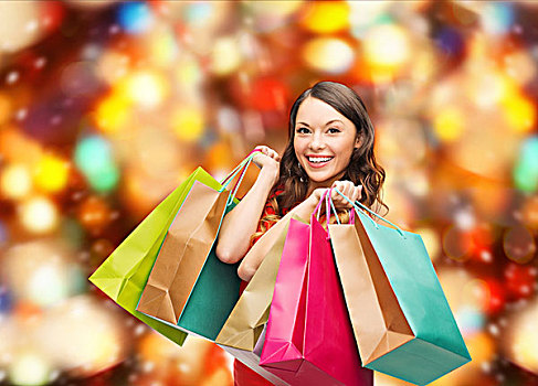 销售,礼物,圣诞节,休假,人,概念,微笑,女人,彩色,购物袋,上方,红灯,背景