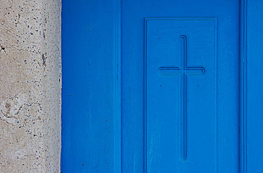 希腊,锡拉岛,基督教,十字架,象征,雕刻,蓝色,门