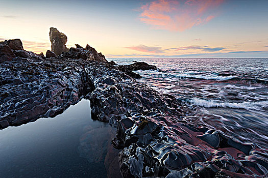 冰岛,海岸,大西洋,亮光,早晨,海洋,水,海浪,石头,气氛,彩色
