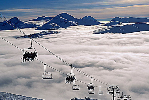 滑雪者,空中缆椅,惠斯勒山,不列颠哥伦比亚省,加拿大