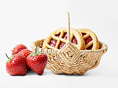 草莓酱,饼干,篮子,新鲜,草莓