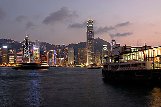 星,渡轮,光亮,九龙,码头,远眺,天际线,香港,中心,金融,地区,亚洲
