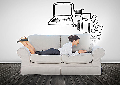职业女性,躺着,沙发,笔记本电脑,多媒体,装置,插画