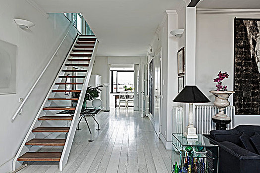 走廊,楼梯,现代,阁楼,公寓,台灯,玻璃,边桌,前景