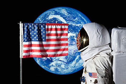 宇航员,站立,美国国旗,地球,背景