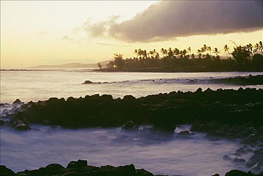 夏威夷,考艾岛,南,岸边,海滩,海岸线,日落