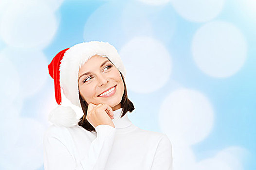 圣诞节,休假,高兴,人,概念,思考,微笑,女人,圣诞老人,帽子,上方,蓝色,背景