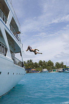 人,跳跃,游艇,鸡,北方,马累环礁,马尔代夫