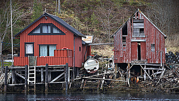 传统,挪威,红色,木船,谷仓,海岸,老,新,一个,靠近