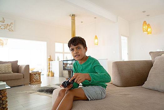 男孩,玩,电子游戏,沙发,客厅,舒适,家