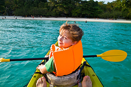 男孩,短桨,独木舟,海洋,安全,西部