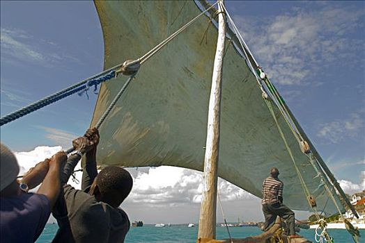 东非,坦桑尼亚,航行,阿拉伯,独桅三角帆船,桑给巴尔岛,传统,帆船,一个,帆,海岸,阿拉伯半岛,印度
