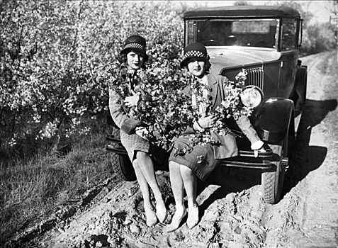 两个女人,花,坐,汽车,历史,照片,20年代