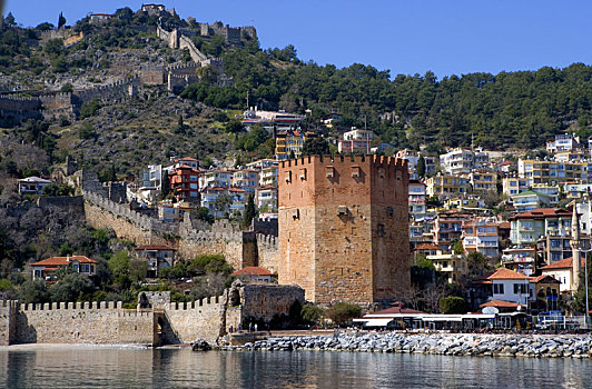 土耳其,阿兰亚,南海岸,红色,塔,港口,背景,城堡山,老城墙