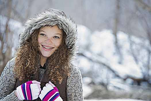 冬季风景,雪,地上,女孩,羊毛帽,滑雪,手套