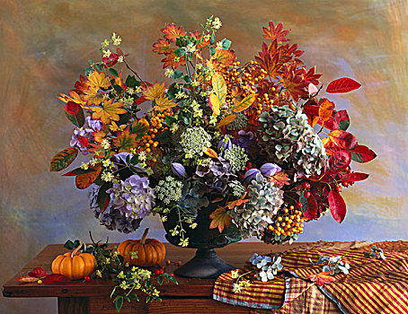 秋天,花束,装饰,南瓜,木桌子