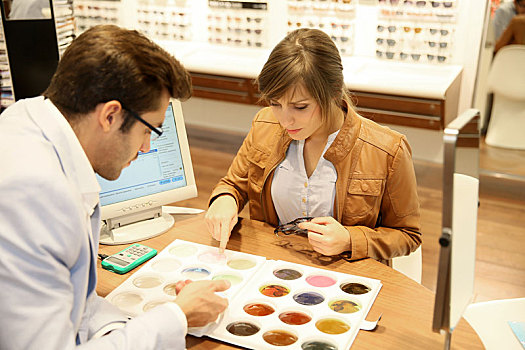 女人,光学设备,选择,眼镜,镜片,彩色