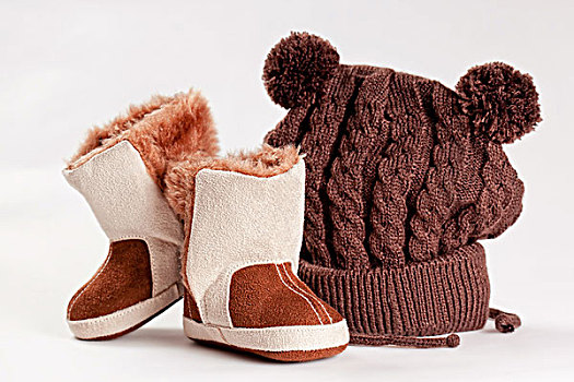 孩子,冬天,靴子,帽,白色背景