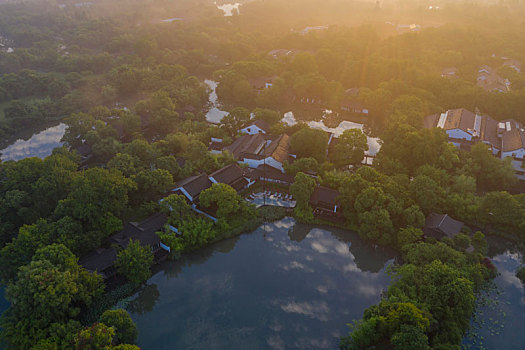 杭州西溪湿地公园清晨航拍