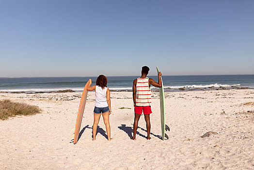 情侣,站立,冲浪板,海滩,阳光