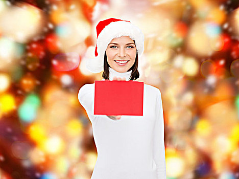圣诞节,人,广告,销售,概念,高兴,女人,圣诞老人,帽子,留白,红牌,上方,红灯,背景