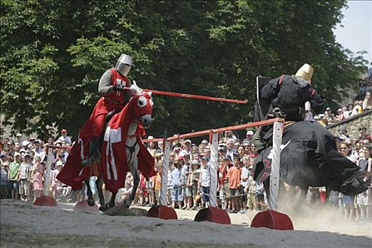 两个,骑士,马,争斗,展示,要塞,靠近,科布伦茨,莱茵兰普法尔茨州,德国