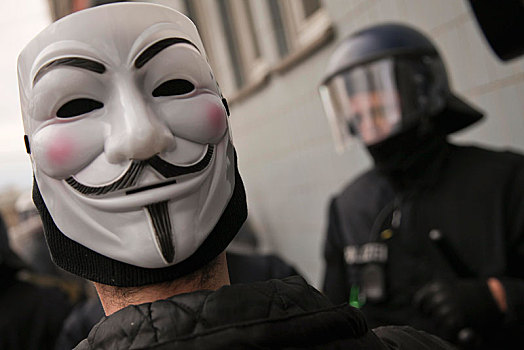 男人,戴着,人,面具,抗议,资本,法兰克福,黑森州,德国,欧洲