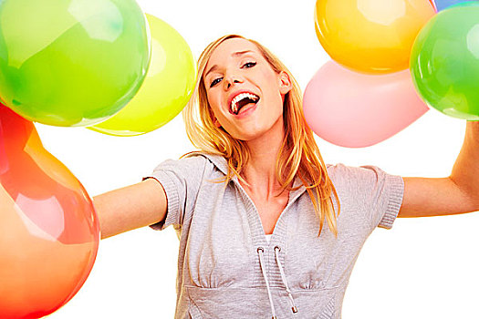 年轻,高兴,女人,拿着,许多,彩色,气球