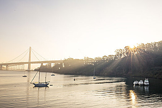 帆船,平和,水,远景,金色,大门,桥