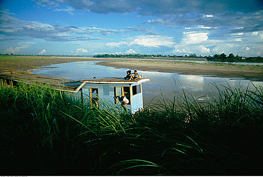 人,小屋,河边,万象,老挝