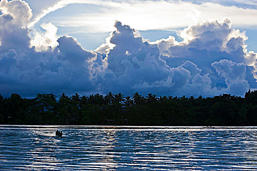 男孩,独木舟,逆光,泻湖,所罗门群岛,太平洋