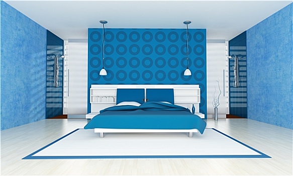 现代,蓝色,卧室