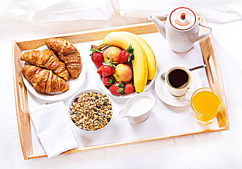 早餐,托盘,咖啡,牛角面包,粮食,水果