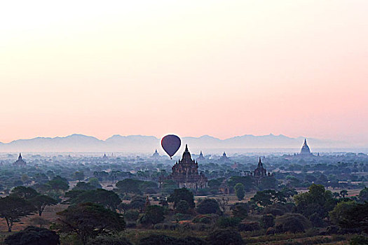 热气球,高处,古老,庙宇,蒲甘,缅甸
