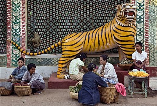 缅甸,花,销售,旁侧,雕塑,虎,脚,波芭山