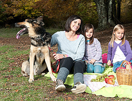 母亲,两个,狗,野餐,树林