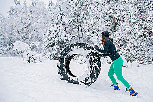 女人,轮胎,雪