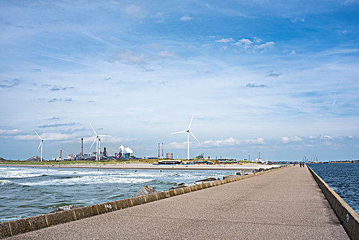 坝,北海,海岸,靠近,背影,风车,钢厂,艾默伊登,北荷兰,荷兰