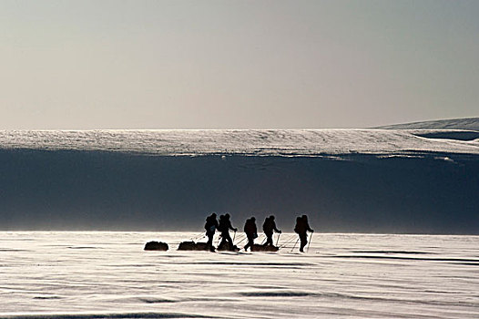 越野滑雪者,冰河,逆光,斯匹次卑尔根岛,斯瓦尔巴特群岛,挪威,欧洲
