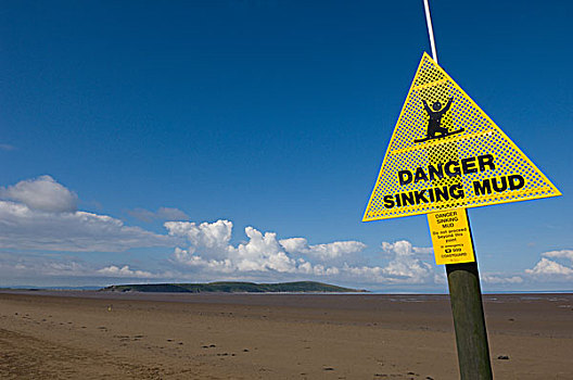 英格兰,萨默塞特,标识,警告,沉没,泥,海滩