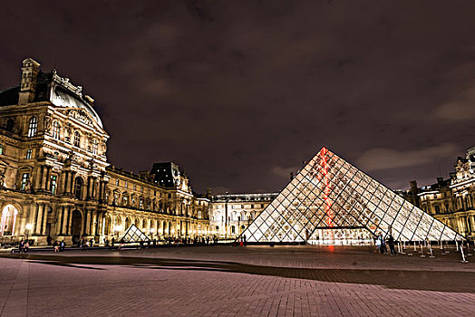 玻璃金字塔,入口,卢浮宫,夜景,巴黎,法兰西岛,法国,欧洲