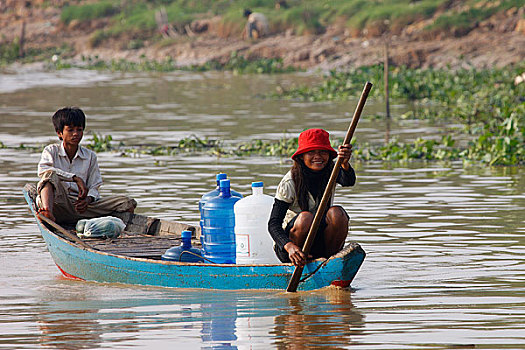 柬埔寨,收获,船,饮用水,漂浮,乡村
