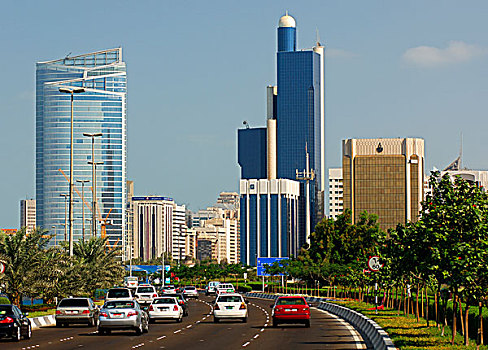 高层建筑,建筑,多车道,道路,城市,阿布扎比,阿联酋,中东
