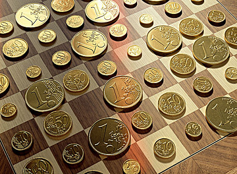 欧元,金色,硬币,棋盘