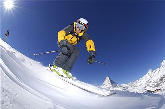 滑雪者,滑雪,山,正面,马塔角,策马特峰,瓦莱,沃利斯,瑞士,欧洲